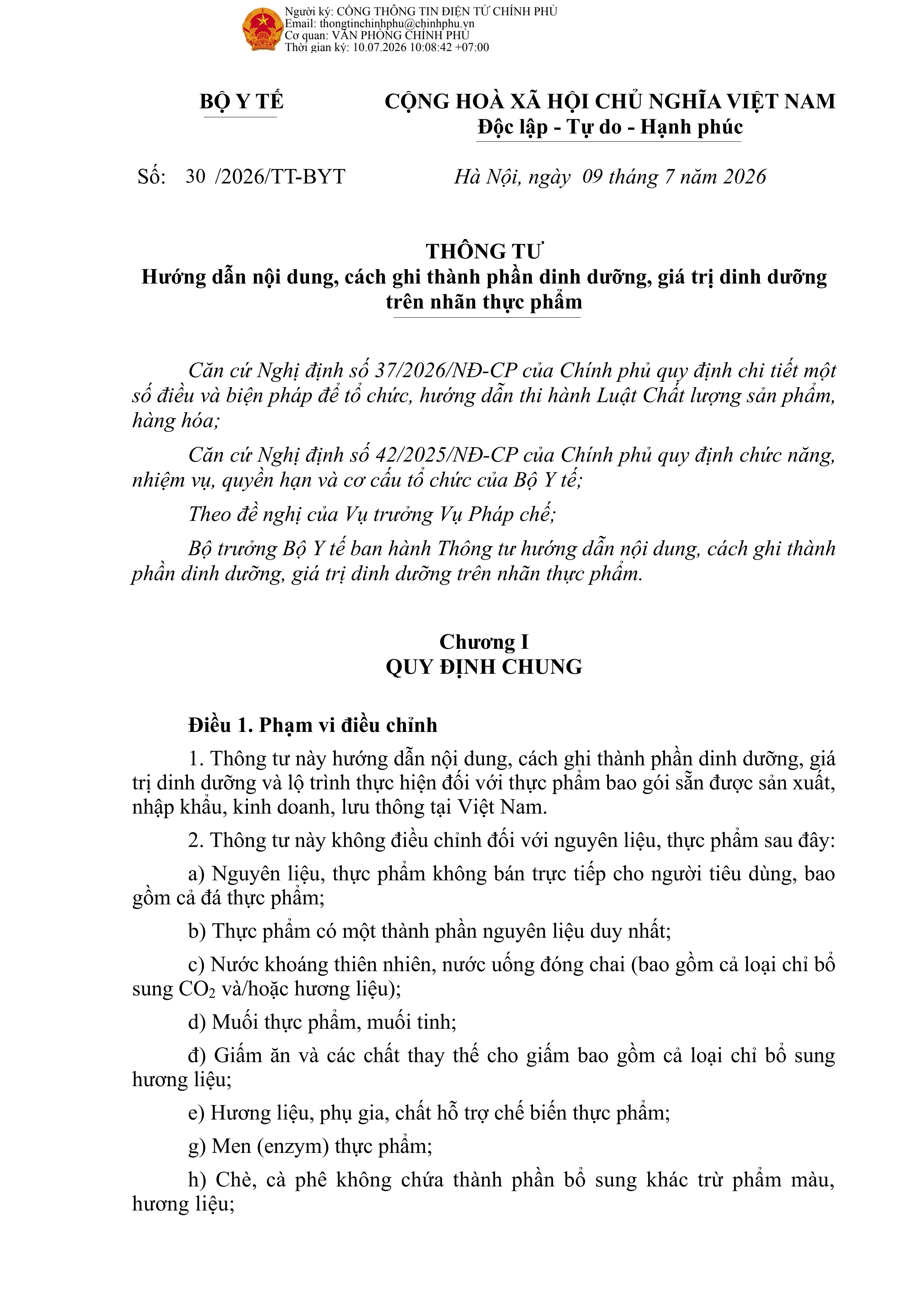 Thông tư Hướng dẫn nội dung, cách ghi thành phần dinh dưỡng, giá trị dinh dưỡng trên nhãn thực phẩm